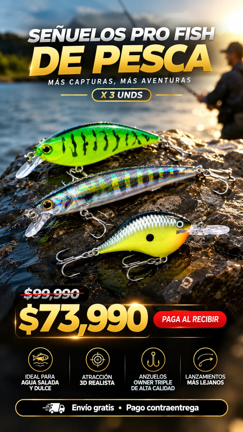 3x Señuelos Pro Fish De Pesca Con Anzuelo