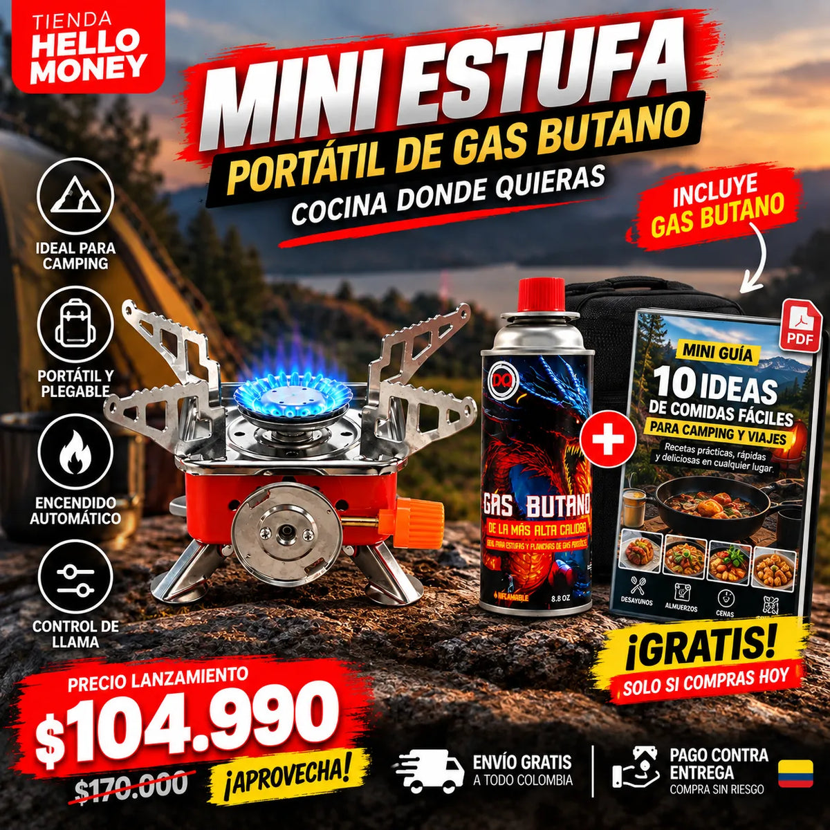 Combo : Estufa Portátil + Estuche + Gas Butano Incluido + Guía PDF 10 ideas de comida en camping